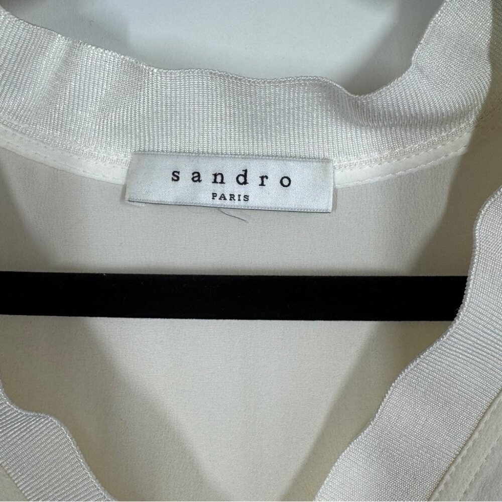 Sandro Paris Ivory Silk Blouse Size M Long Sleeve Minimalist V Neck Top - Picture 3 of 15